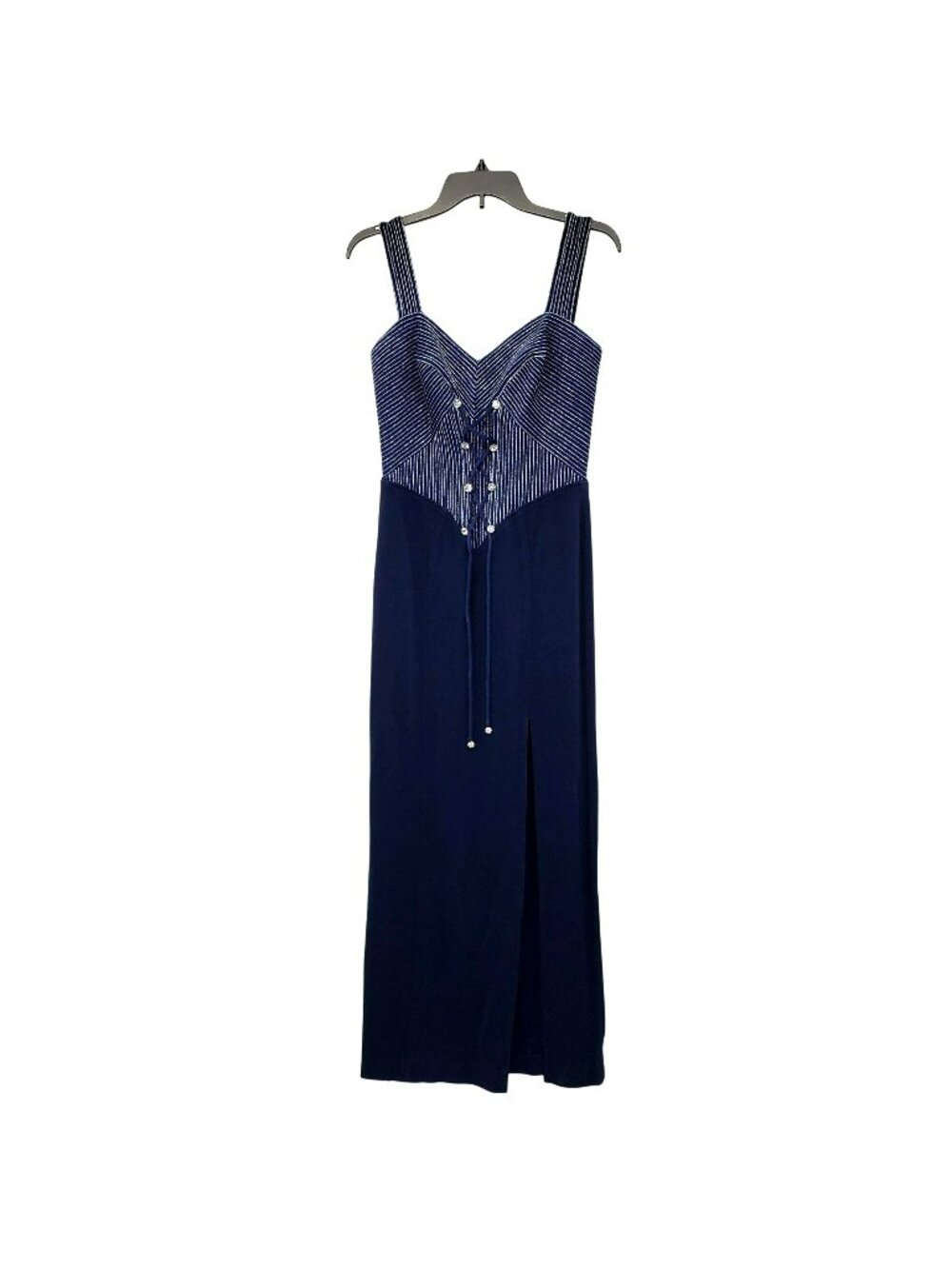 Vintage 90s Tadashi Blue Silver Corset Rhinestone Long Maxi Prom Dress